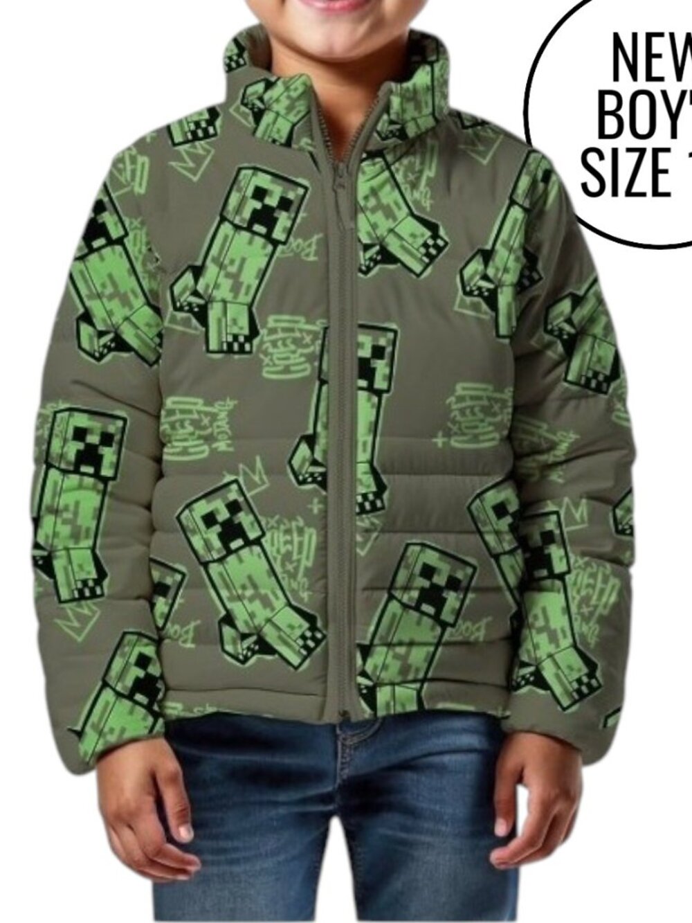 NEW Minecraft Boys Creeper Zip Puffer Jacket Lightweight Size 14 Zippered Size: